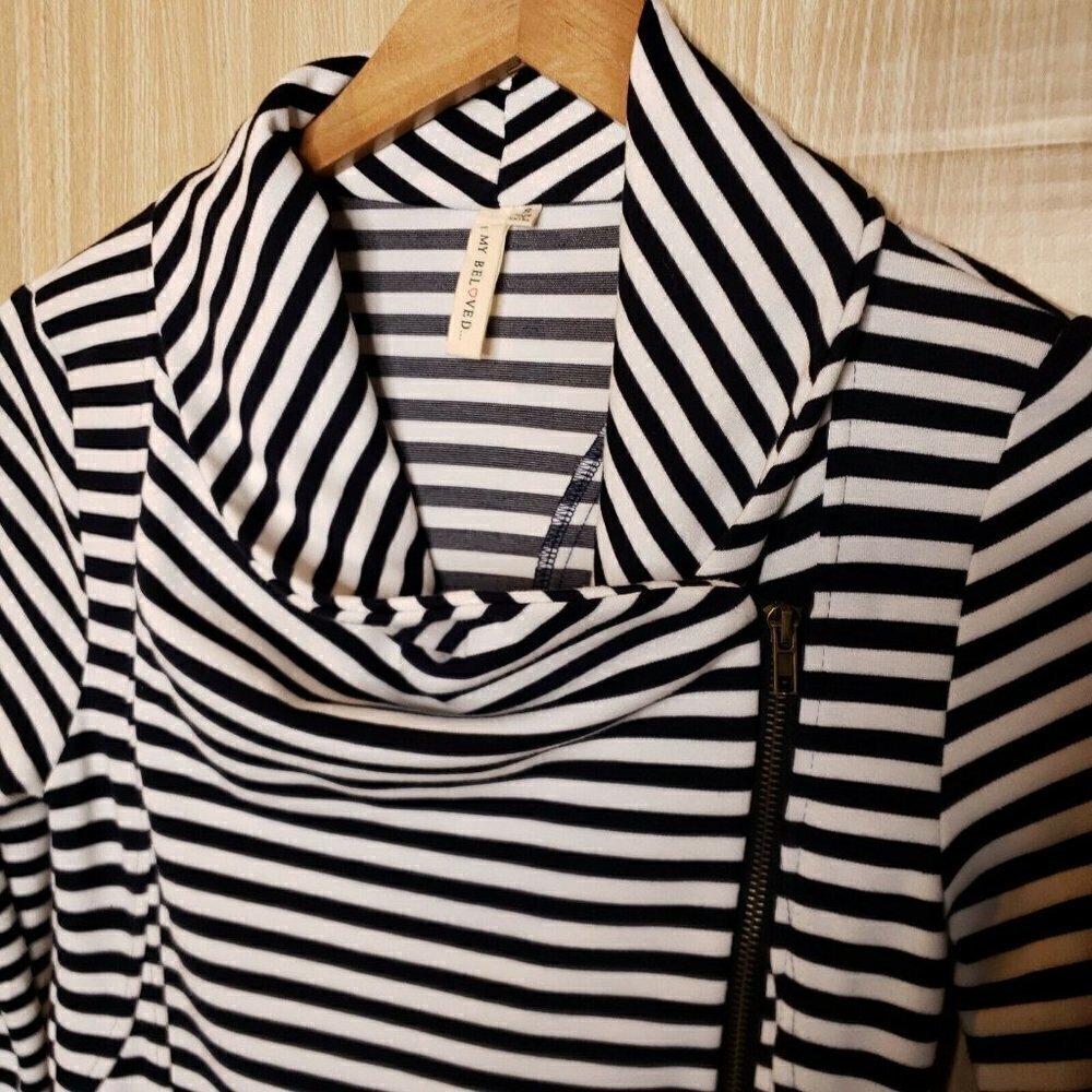 My Beloved Black White Stripe High Low Side Zip Lightweight Knit Jacket … - Picture 3 of 10
